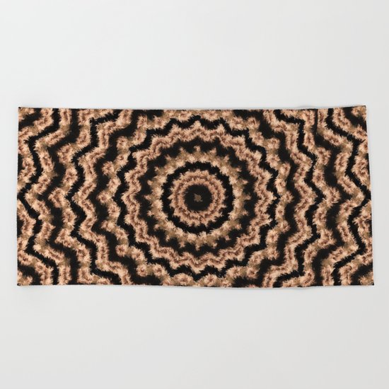 Kaleidoscope Beige Circular Pattern on Black Beach Towel