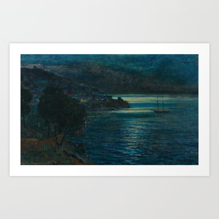 Coastal Landscape at Night nautical maritime seascape painting by Vartan Mahokian Art Print
