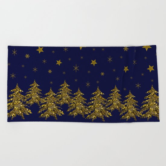 Sparkly Christmas tree, moon, stars Beach Towel