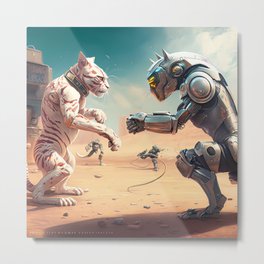  fight of Cyborg cats action scene Metal Print | Futuristic, Scifi, Fight, Colorful, 3D, Graphicdesign, Robots, Aiart, Animation, Fantasy 