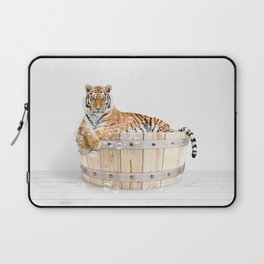 Tiger in a Wooden Bathtub, Tiger Taking a Bath, Tiger Bathing, Whimsy Animal Art Print By Synplus Laptop Sleeve