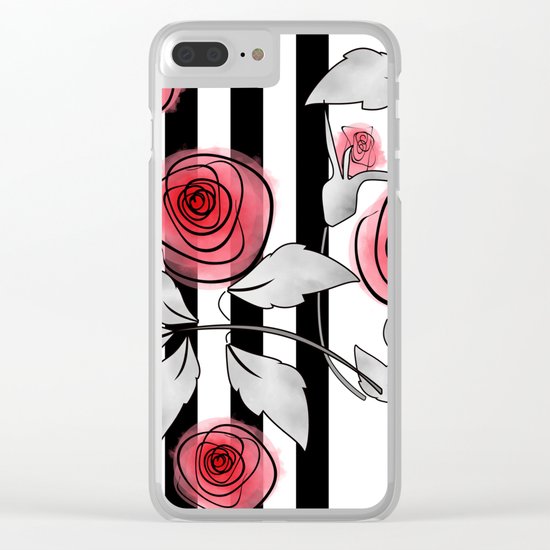 Red roses on black and white striped background. Clear iPhone Case