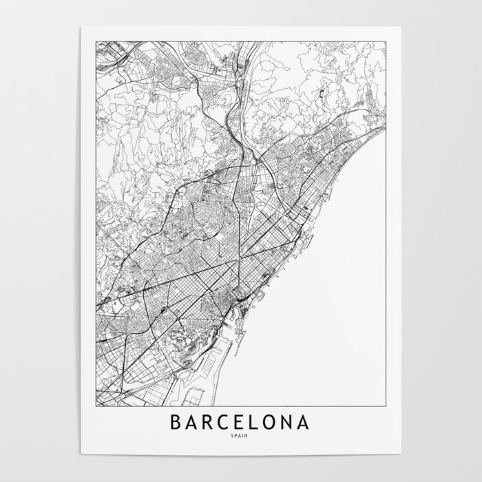 Barcelona White Map Poster