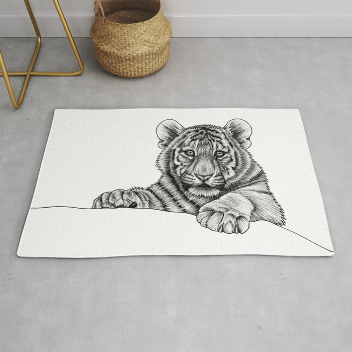 Amur tiger cub ink illustration Rug by Loren Dowding art Society6