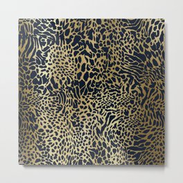 Leopard Print Pattern, Navy Blue and Gold Metal Print