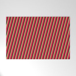 [ Thumbnail: Dark Khaki, Crimson, and Black Colored Striped/Lined Pattern Welcome Mat ]