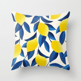 Yellow Limons and Blue Leaves Throw Pillow