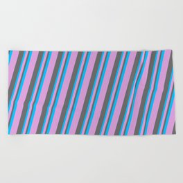 [ Thumbnail: Plum, Dim Gray, and Deep Sky Blue Colored Striped Pattern Beach Towel ]