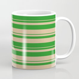 [ Thumbnail: Forest Green and Tan Colored Striped/Lined Pattern Coffee Mug ]