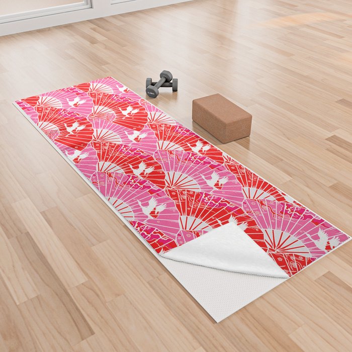 Preppy Room Decor - Pink Red Chinoiserie Fans Pattern Yoga Towel