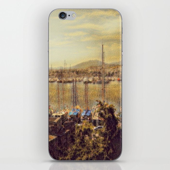 Vintage sunset sea Harbor yachts in the gulf in earthy tones vector digital painting iPhone Skin