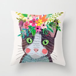 Cat with flowers Throw Pillow