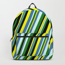 [ Thumbnail: Yellow, Blue, Light Cyan, Forest Green, and Black Colored Stripes Pattern Backpack ]