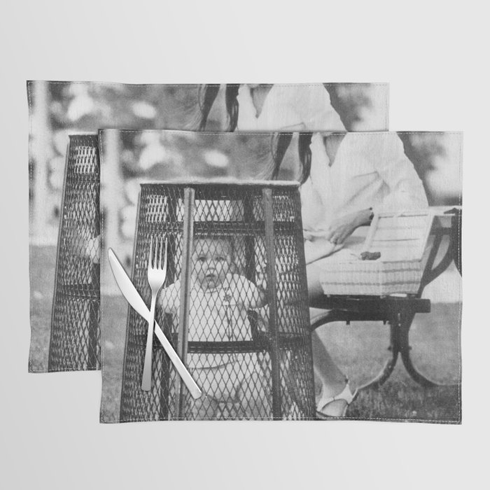 The parent trap - mother with baby in a trash can humorous parenting of a 2nd child black and white photograph - photography - photographs Placemat