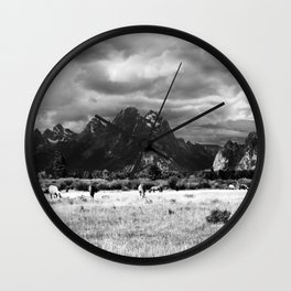 Horse and Grand Teton (Black and White) Wall Clock | Mountain, Photo, Tetons, Nationalparks, Grandteton, Amazinglandscape, Horse, Cloud, Beautiful, Animal 