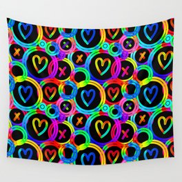 Funky neon rainbow gradient circles pattern with hearts and x shapes Wall Tapestry