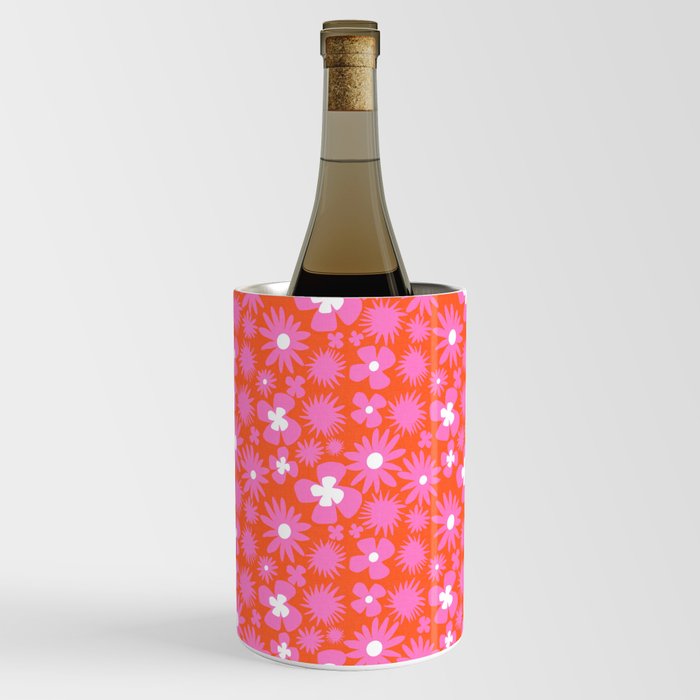 Hot Pink 70’s Wild Flowers Pattern On Red Wine Chiller