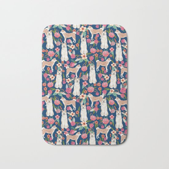 Akita dog pattern florals cute dog portrait pet friendly dog breeds akitas Bath Mat