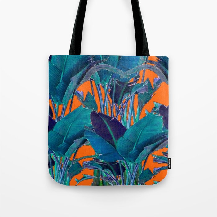 BLUE & CORAL PATTERNED TROPICAL JUNGLE  LEAVES ART Tote Bag