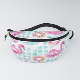 Summer flamingo pool floats. Watercolor flamingo, unicorn pool float, ring donut lilo floating in blue swimming pool. Vintage hand painted illustration pattern Fanny Pack