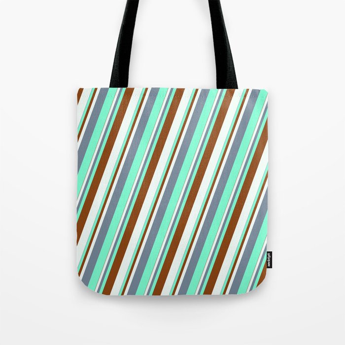Light Slate Gray, Aquamarine, Brown & Mint Cream Colored Stripes/Lines Pattern Tote Bag