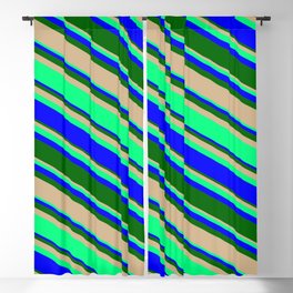 [ Thumbnail: Tan, Green, Blue, and Dark Green Colored Lines/Stripes Pattern Blackout Curtain ]