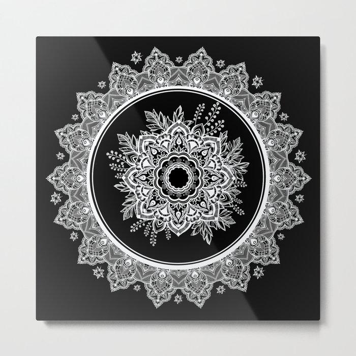 Bohemian Lace Paisley Mandala White on Black Metal Print