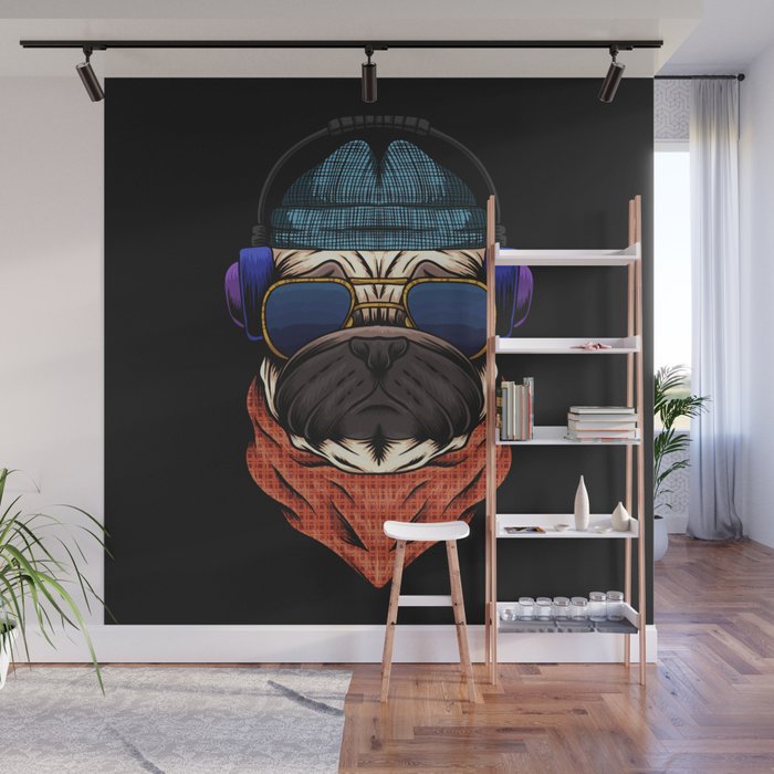Pug Dog Headphone Vector Illustration Your Wall Mural