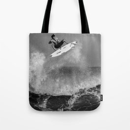 Surf's up; surfer riding the big waves surfing black and white photograph - photography - photographs Tote Bag