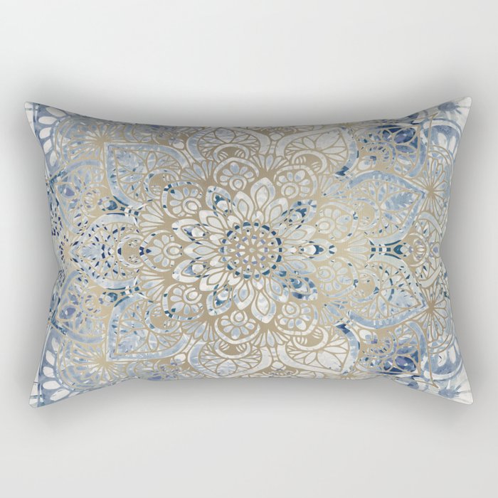 Yoga, Mandala, Blue and Gold Rectangular Pillow