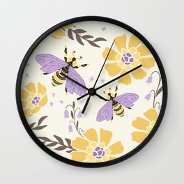 Honey Bees and Flowers - Yellow and Lavender Purple Wall Clock