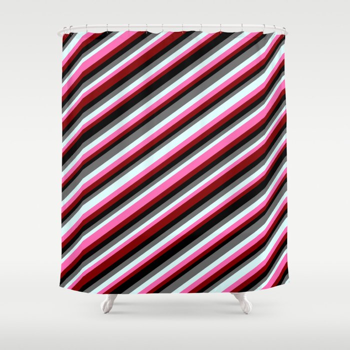 Colorful Dim Gray, Light Cyan, Hot Pink, Maroon & Black Colored Striped/Lined Pattern Shower Curtain