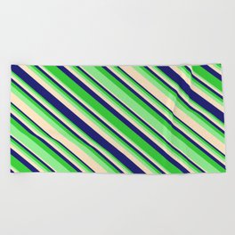 [ Thumbnail: Lime Green, Light Green, Bisque, and Midnight Blue Colored Lined Pattern Beach Towel ]