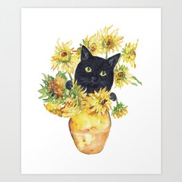 Sunflower pot cat peeking Van Gogh inspired Painting Art Print
