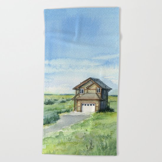 Beach House Landscape Watercolor | Long Beach, WA Beach Towel