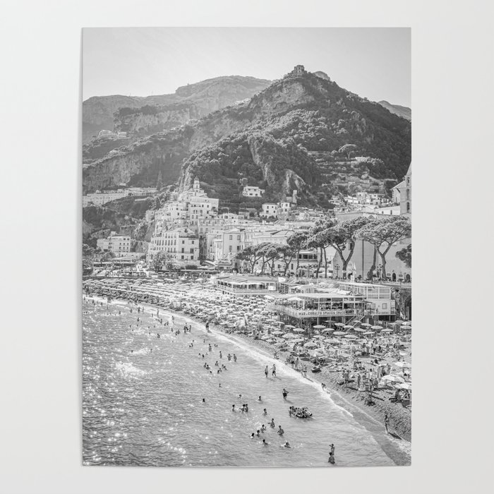 Black and White Amalfi Coast Landscape | Coastal Beach Summer Art Print | Travel Photography in Italy Poster