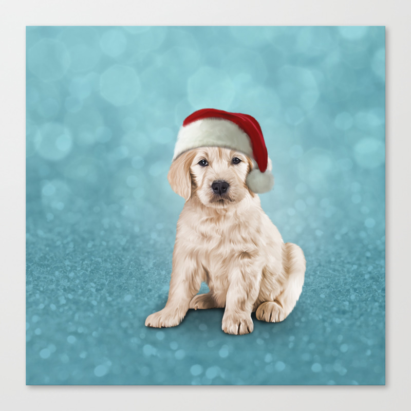 Drawing Puppy Golden Retriever In Red Hat Of Santa Claus Canvas
