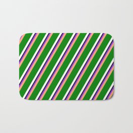 [ Thumbnail: Purple, Light Salmon, Green, White, and Black Colored Striped/Lined Pattern Bath Mat ]