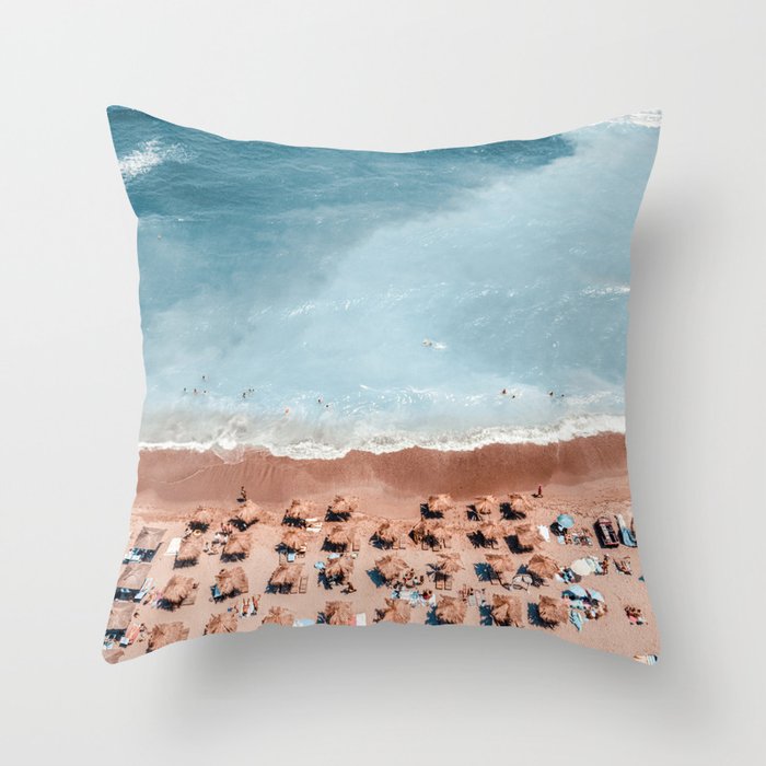Coastal Print, Aerial Beach Photography Print, Summer Vibes Art, Teal Ocean Printable Art, Beach Umbrellas Wall Decor Throw Pillow