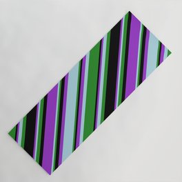 [ Thumbnail: Dark Orchid, Light Blue, Forest Green, and Black Colored Stripes/Lines Pattern Yoga Mat ]