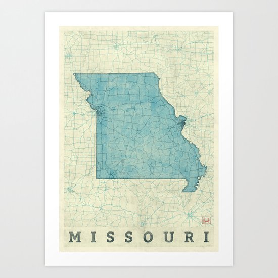Missouri State Map Blue Vintage Art Print