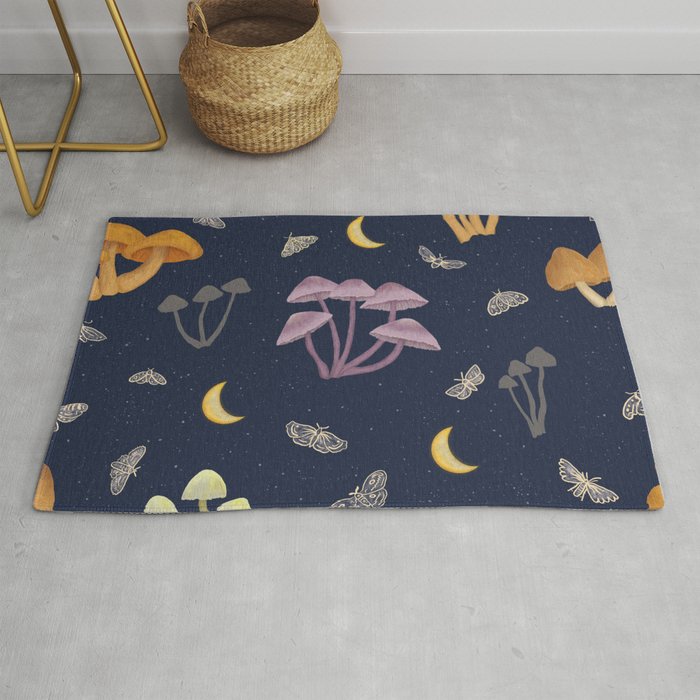 Mushrooms in the Moonlight with Moths - Moon Woodland Rug