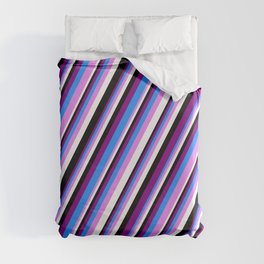 [ Thumbnail: Purple, Blue, Violet, White & Black Colored Stripes Pattern Duvet Cover ]