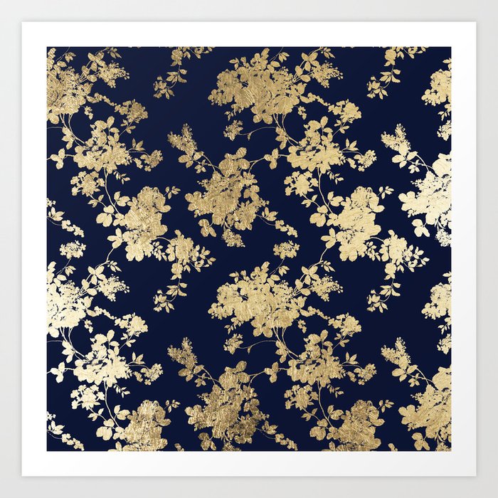 Elegant vintage navy blue faux gold flowers Kunstdrucke | Gemälde, Digital, Other, Vintage, Illustration, Abstrakt, Elegant, Navy-blue, Faux-gold, Gold