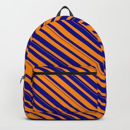 [ Thumbnail: Dark Orange and Dark Blue Colored Lined/Striped Pattern Backpack ]
