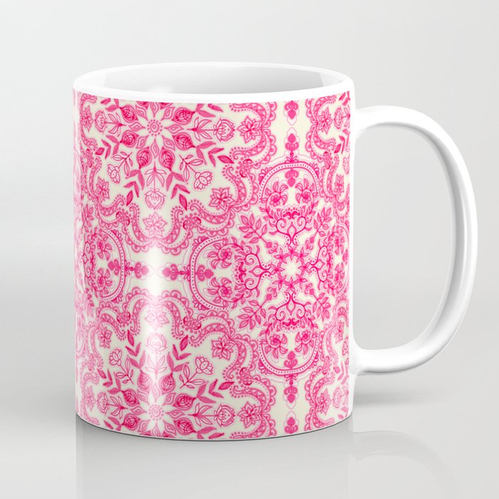 Hot Pink & Soft Cream Folk Art Pattern Kaffeebecher