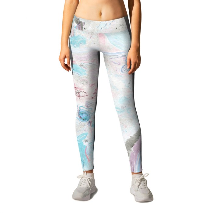 Abstract hand painted pink teal aqua  watercolor marble Leggings