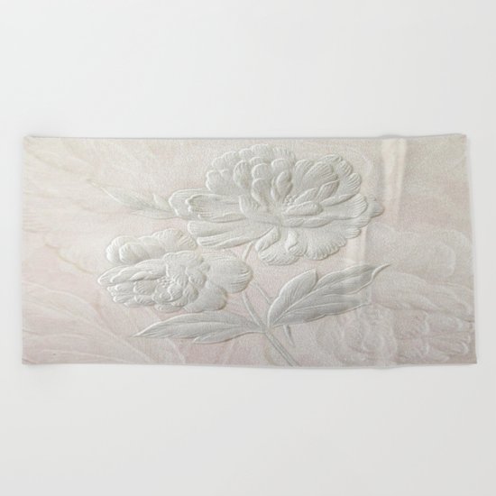 Embossed Painterly White Floral Abstract Beach Towel