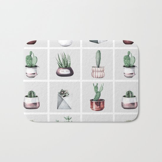 Cactus Bunch Grid Rose Gold Gray Green Bath Mat