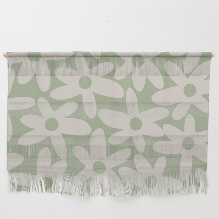 Daisy Time Retro Floral Pattern in Sage Green and Beige Wall Hanging